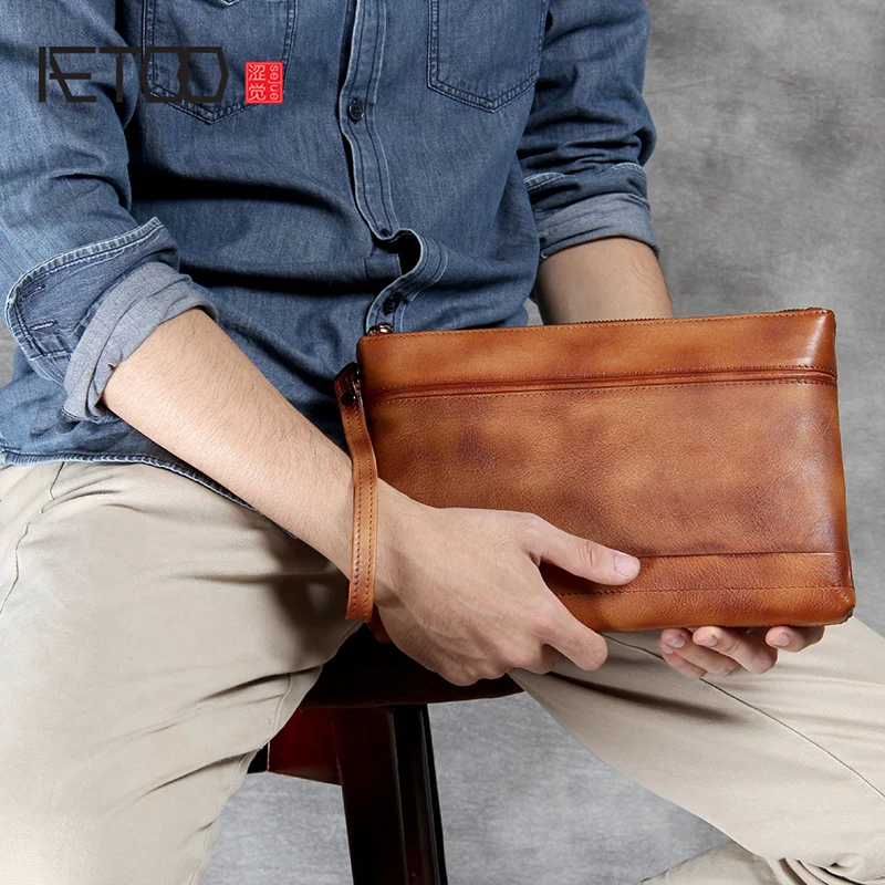 

AETOO Retro casual head cowhide hand bag wipe color practical male large capacity handbag