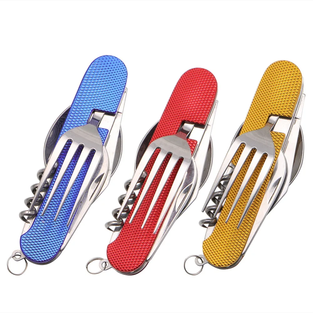 Camping al aire libre de 3 en 1 plegable de acero inoxidable cuchara tenedor cuchillo vajilla Multi herramienta para acampar