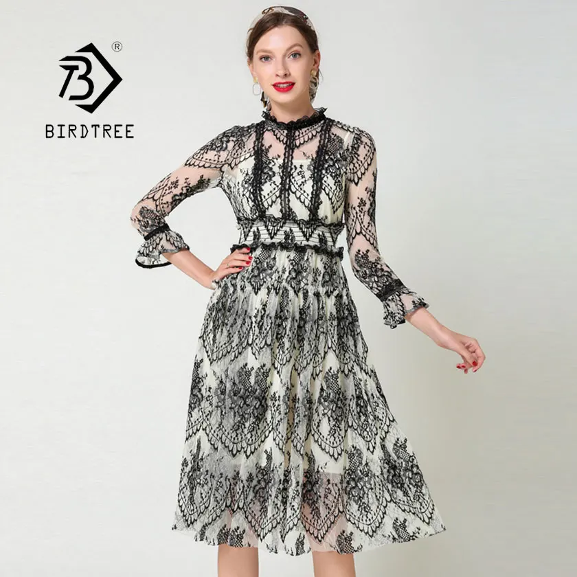 

2019 New Women's Print Lace Flower Dress Hollow Wrist Butterfly Sleeve Stand High Waist Lady Streetwear Vestido Hot Sale D94622Z