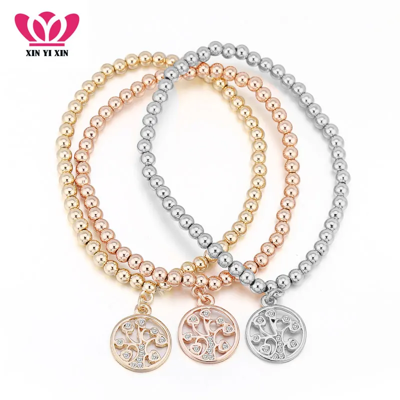 

Tree of Life Gold Charm Bracelets Cubic Zirconia Fashion Design 3pcs Multilayer Adjustable Elastic Bracelets For Women Party