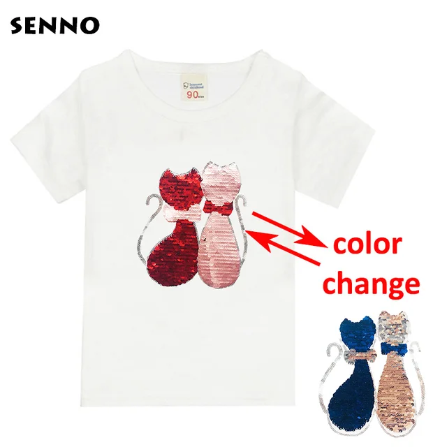 Double Sided Sequin Flash Glitter T-Shirts For Girls Sequins T Shirt Girls Cartoon Cat Kids Tshirt Summer Teen Clothes For Girls Lavender