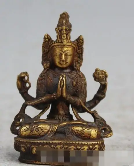 

S4198 Tibetan Buddhism Bronze 4 Hand Arms White TaRa Kwan-Yin Buddha Lotus Statue