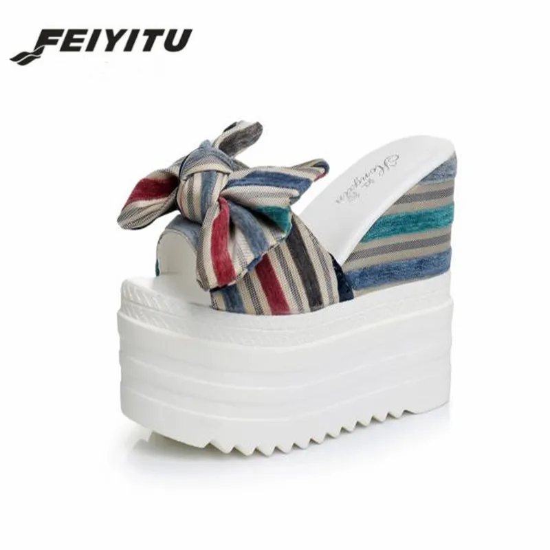 

FeiYiTu Summer Women's Slides New Style Cute Flower Stripe Wedge Heel Women Shoes Female Slippers Peep Toe Slippers for Woman