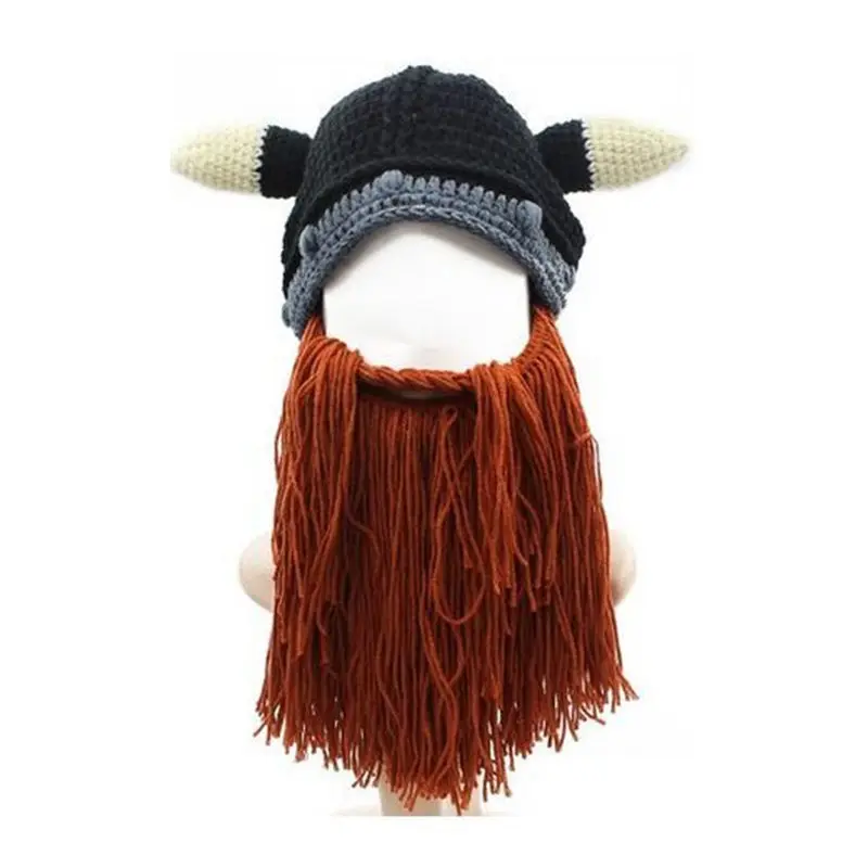

BomHCS Men's Head Barbarian Vagabond Beard Beanie Horn Hat Handmade Winter Warm Birthday Gift Funny Party Halloween Cap