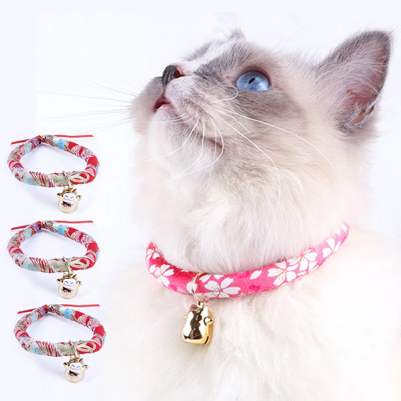 Japanese Style Handmade Adjustable Pets Cat Collars Cotton Soft Puppy Kitten Necklace With Lucky Cat Pendant Collar Japanese Style Handmade Adjustable Pets Cat Collars Cotton Soft Puppy Kitten Necklace With Lucky Cat Pendant Collar