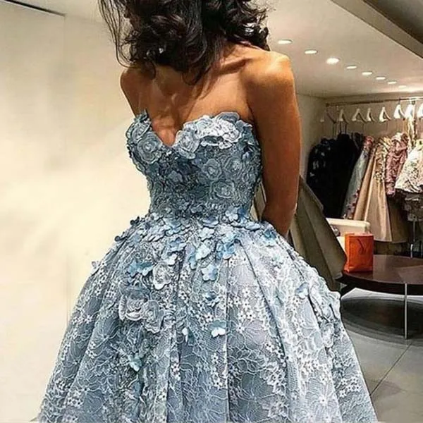 Высокое Низкое для возлюбленной без рукавов свет небесно-голубое кружево платье для выпускного вечера 2k19 vestidos de gala Hi Lo 3D Цветочный vestidos de fiesta noche - Цвет: Синий
