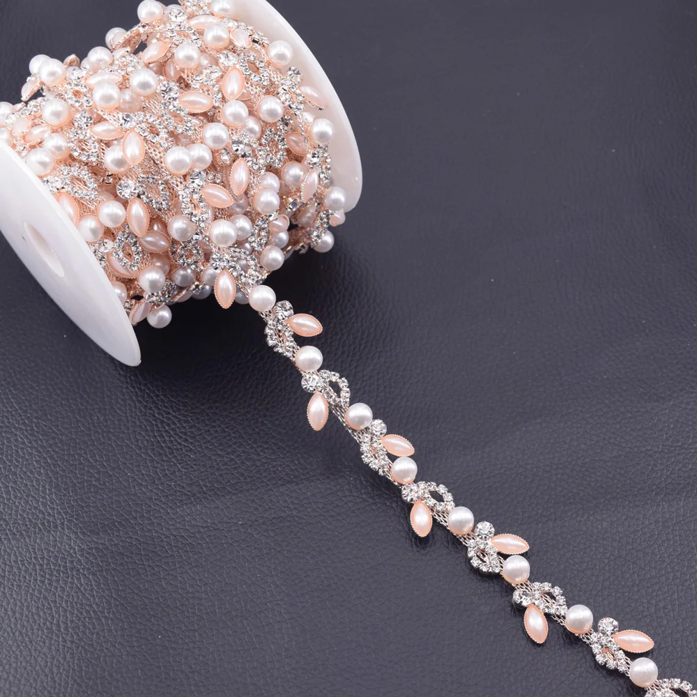 

10yards/lot beatiful wedding dress belt appliques pink Pearl Roseg gold Rhinestone trim Handmade garment DIY Accessories HF-410