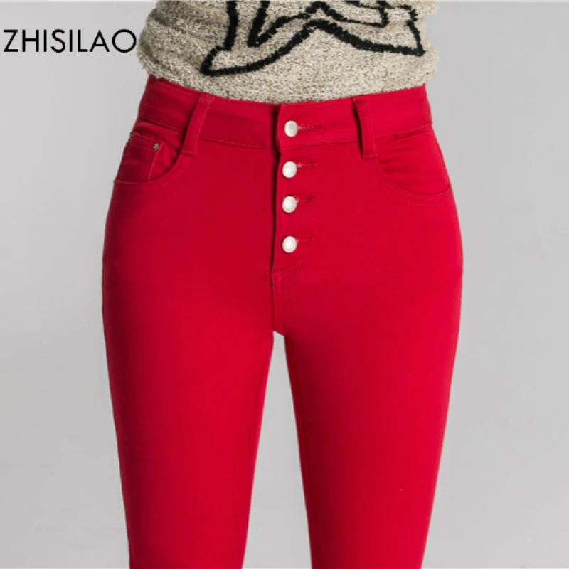 

ZHISILAO 2018 Woman Jeans Skinny Jeans Denim Pants Pencil Pants Woman Trousers Woman Pantalon Mujer High Waist Casual Pants Red