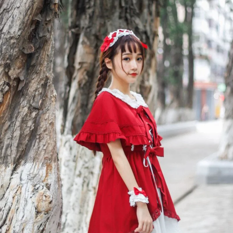 Free New Real Shipping 2019 Pre-sale 】 Little Red Riding Hood Lovely Cape Cardigan + Lace Dress Bow Hair With Hoop Hand Sleeves Free New Real Shipping 2019 Pre-sale 】 Little Red Riding Hood Lovely Cape Cardigan + Lace Dress Bow Hair With Hoop Hand Sleeves