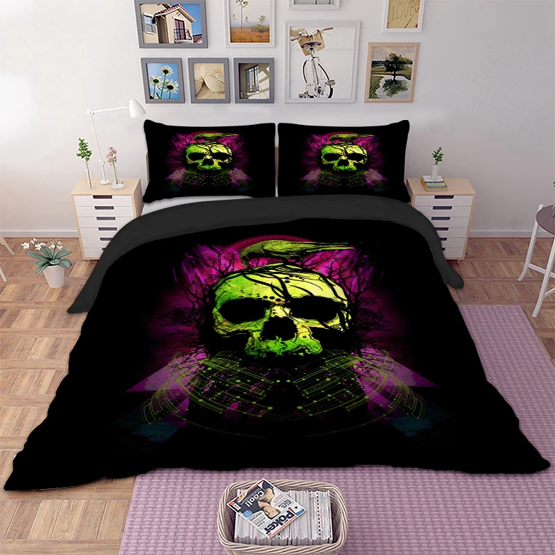 Best Skull pattern printed bed linens set twin Full Queen King sizes Duvet Quilt Cover Bed Cover set Gothic bedding set new 3 pcs