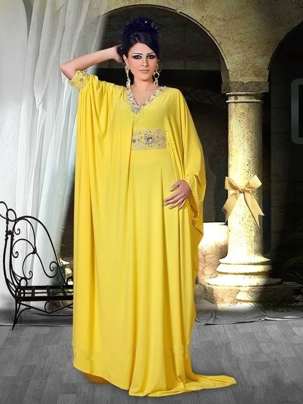 DAE3276 2016 New Long Chiffon V neck Muslim Yellow Turkish Evening