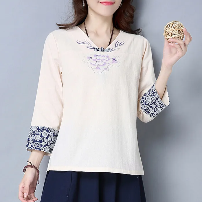 

Blue And White Porcelain Cotton And Linen Shirts Chinese Wind Hand-painted Orchid Tops Women Vintage Clothing