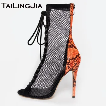 

Women Snake Print Short Boots Sexy Mesh Dance Shoes Ladies Stiletto High Heel Peep Toe Lace Up Party Booties Large Size Footwear