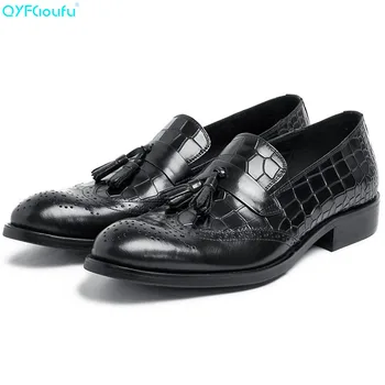 

QYFCIOUFU Brogue Dress Shoes Genuine Leather Men's Handmade Business Tassel Wedding Shoes Crocodile Pattern Male Leisure Shoes