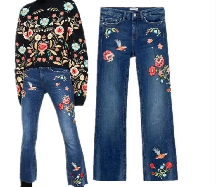 Europe Embroidery Floral Denim Jeans Pants Female Vintage Elegant Office Work Straight Slim Long Pants Jeans