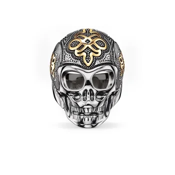 

925 Sterling Silver Gold-color Chinese Knot Big Skull Rings, Thomas Style Love Knot Skeleton Ring Jewelry Gift for Women Men