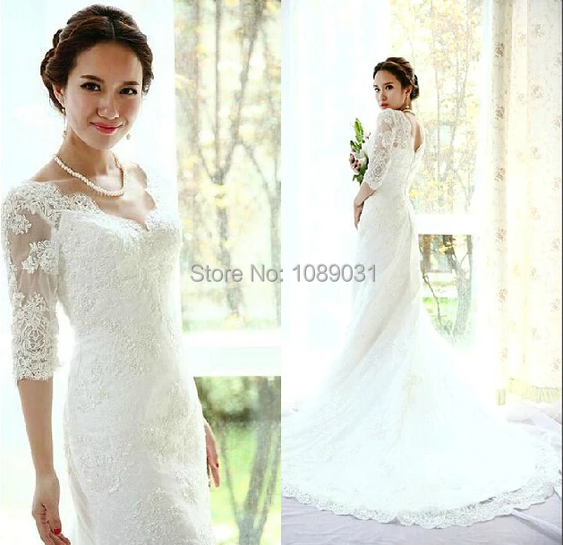 

Hot Sale Wedding Dresses with Half Sleeves Sexy Mermaid Fashionable Princess Formal Dress White/Ivory Elegant Bridal Gown