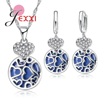 

Fashion Wedding Jewelry Set Newest Arrival Zircon Rhinestone Necklace Earrings Woman Silver Blue Ball Heart Pendant
