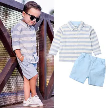 

Children Set gentleman Fashion Suits Toddler Baby Boy Formal Suit Striped Top Long Sleeve Shirt+Shorts Summer Outfit Clothes