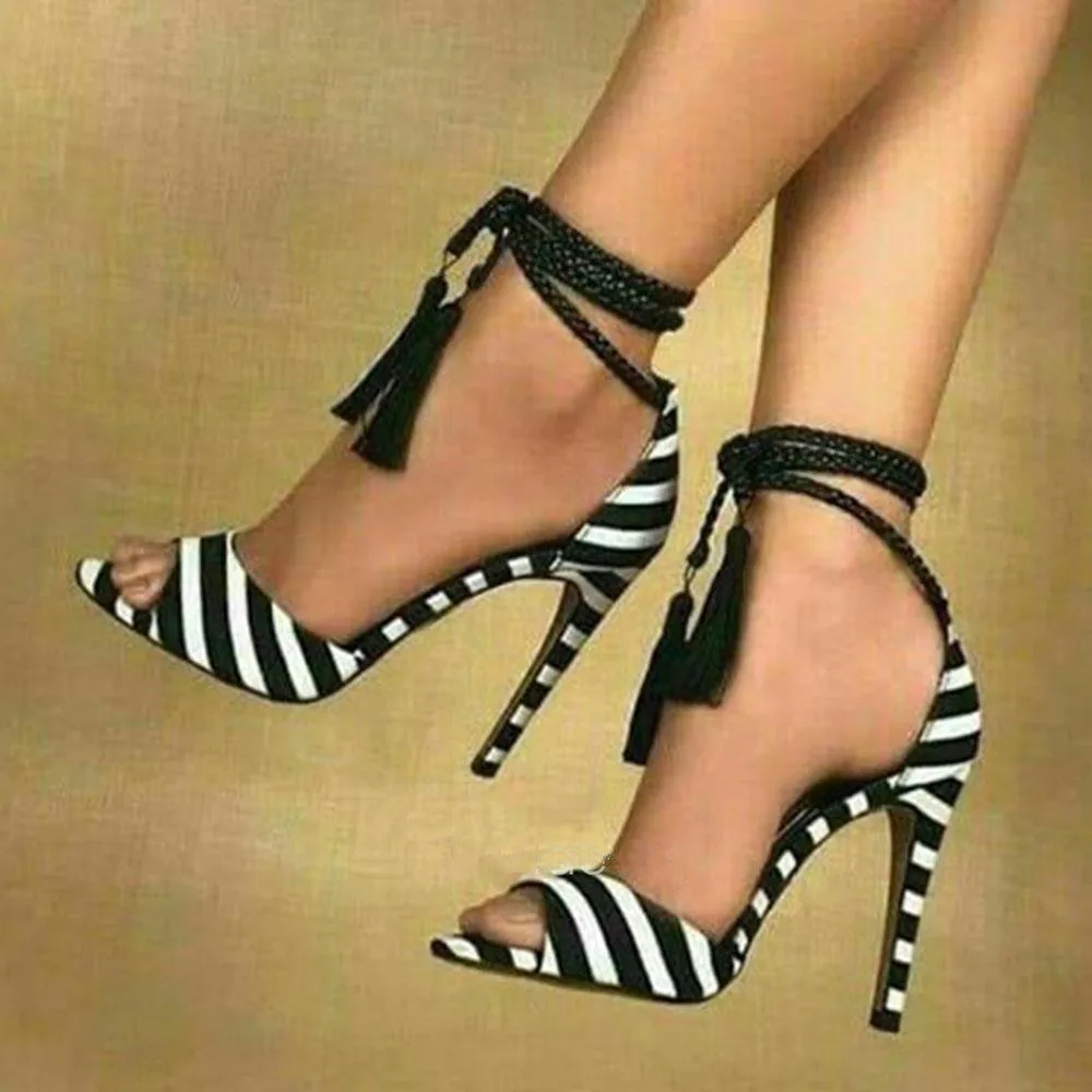 

GOOFLORON NEW,Shoes, women's sandals, black striped cloth, nude strappy sandals, 11cm sexy open-toe shoes