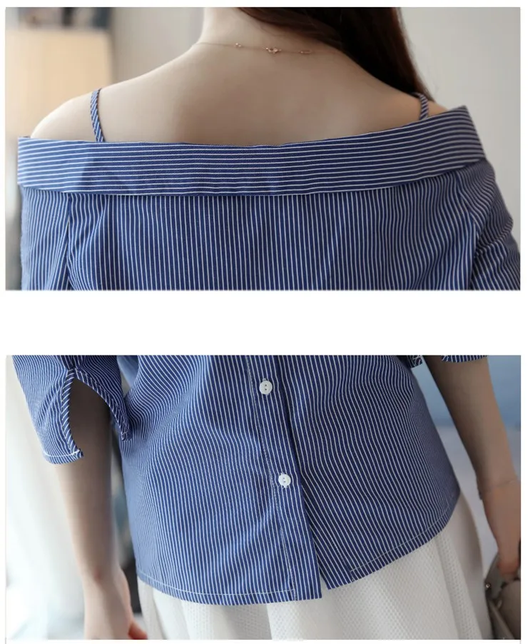 2018 Summer Off Shoulder Blouse Women Shirts Striped Slash Neck Tops Female Korean Fashion Rayas Chemisier Femme Blusas (6)