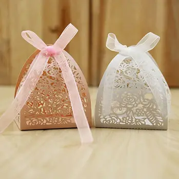 

100pcs Small Sweet Gift Box Hollow Laser Cut Paper Candy Box With Ribbon Chocolate Box Party Present Box