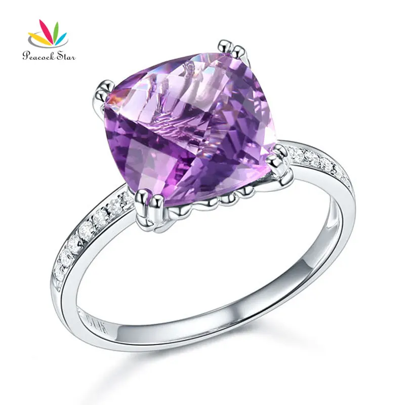 

Peacock Star 14K White Gold Engagement / Anniversary Ring Purple Cushion Amethyst Diamond
