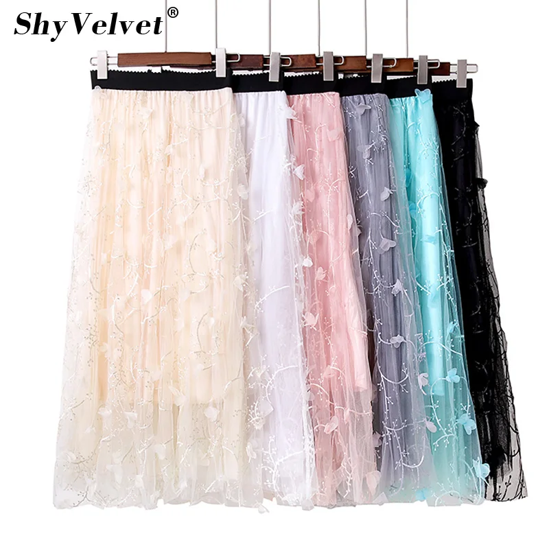 Лето разноцветный тюль юбка с цветочной вышивкой гофрированный с сеткой юбки лоскутное Фея большие качели линии юбка Высокая Талия синий розовый