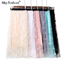 Лето разноцветный тюль юбка с цветочной вышивкой гофрированный с сеткой юбки лоскутное Фея большие качели линии юбка Высокая Талия синий розовый