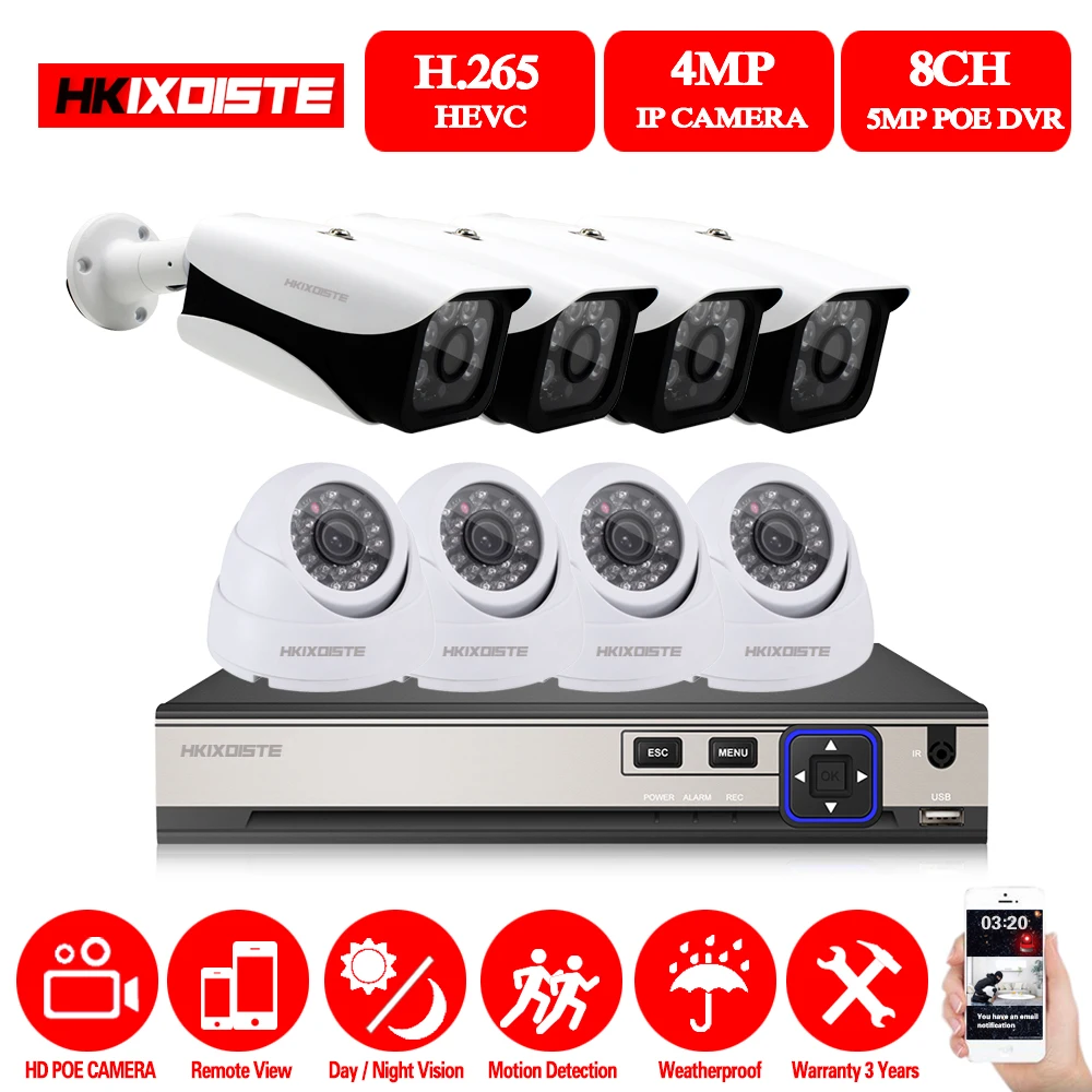 HKIXDISTE POE CCTV камера система 8CH 5.0MP NVR комплект IR cut 4MP Bullet IP для наружного