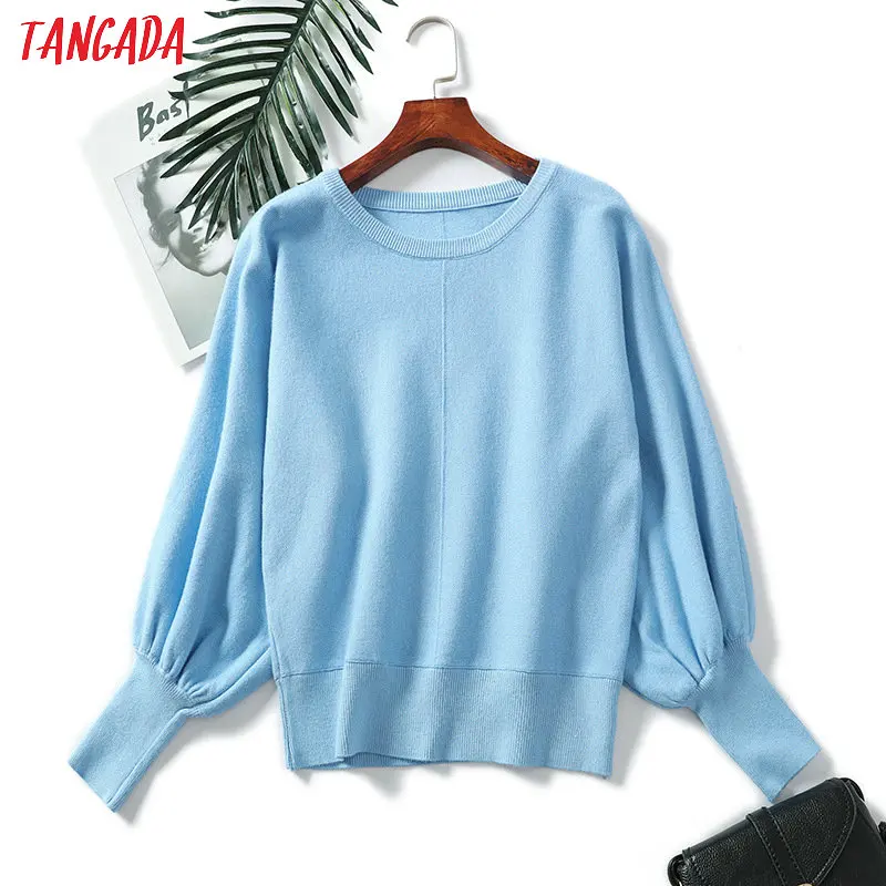 

Tangada Autumn Winter Women Solid Oversize Pullovers Sweater Lantern sleeve O Neck Strethy Elegant Office Ladies Jumper AQX08