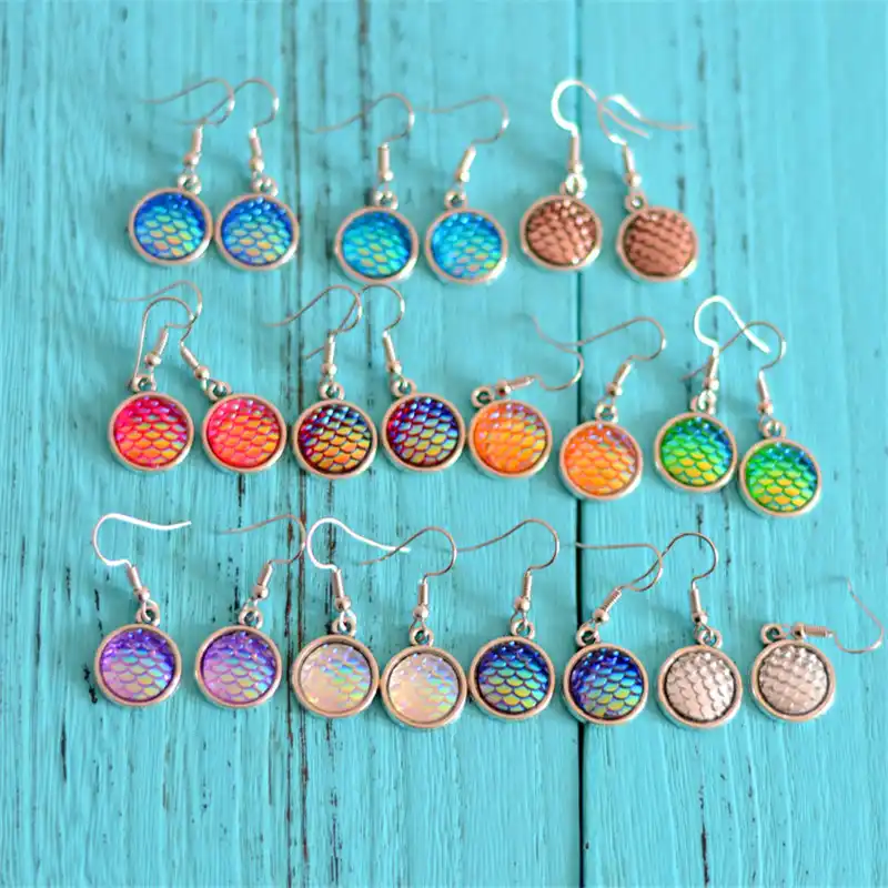 Ручной работы Drusy Смола Круглые бусы серьги Русалка рыбья чешуя Pattern моды Мода