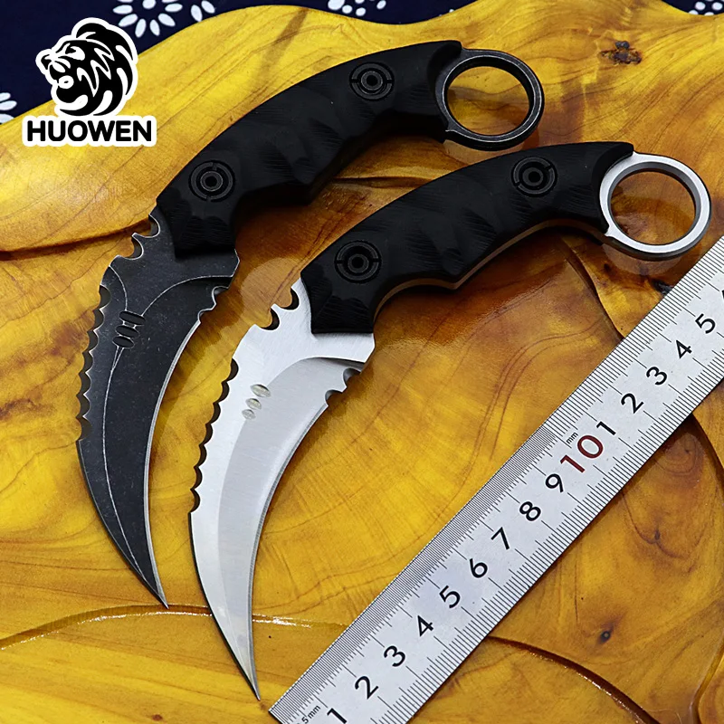 

HUOWEN karambit knife survival tactical fixed knives outdoor tool cold D2 steel black blade G10 EDC mes Combat sheath cs go faca