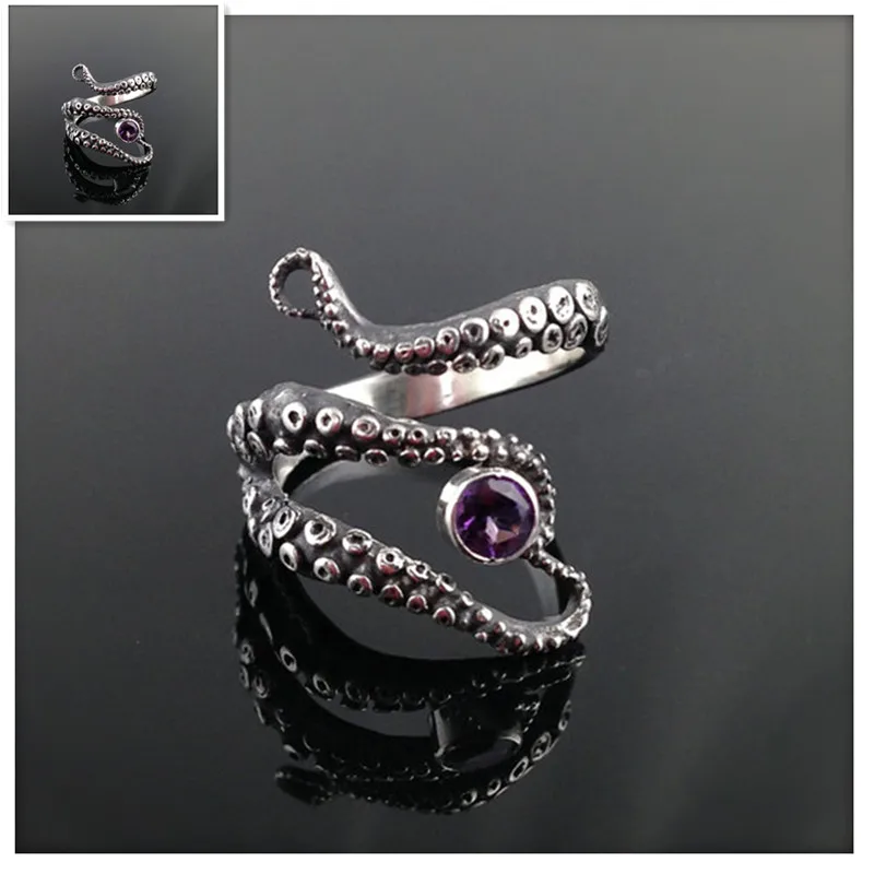 

Drop Shipping Tentacle Octopus Ring Seductive Rings in Ancient silver Plating purple Rhinestone by Octopus adjustable size