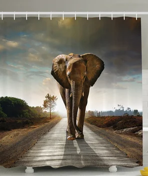 

African Decorations Art Collection, Elephant Polyester Fabric Bathroom Shower Curtain