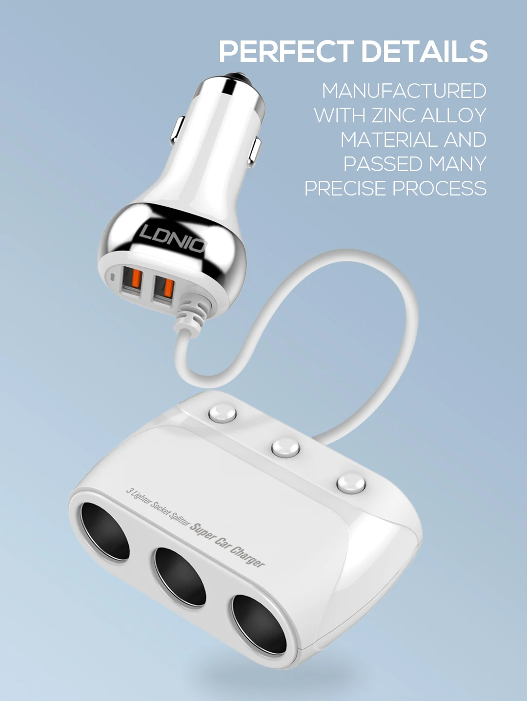 LDNIO C504 Dual QC3.0 Fast Car Charger With 3 Slot Socket Adapter description image 4