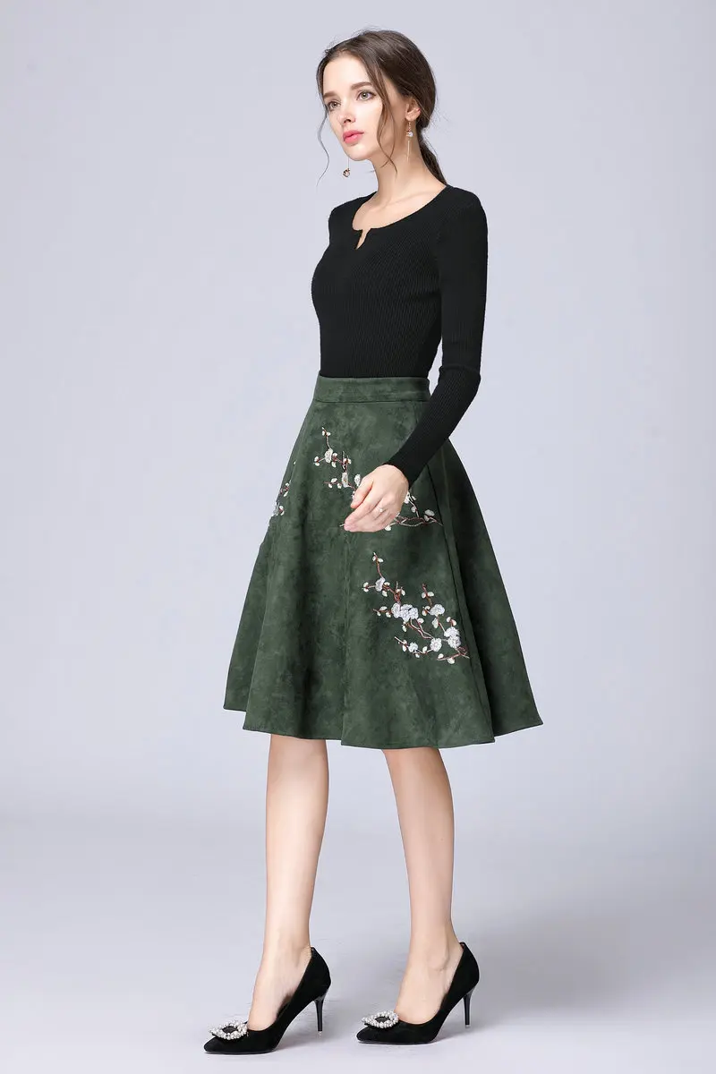 TEXIWAS весна осень Новинка Вышивка Цветы половина юбка женская мода теплая замша длинный абзац высокое качество трапециевидная юбка