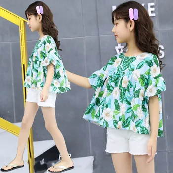 

Girls Summer Clothes Cute Princess Tops + White Hole Jeans Shorts 2 Pcs Clothing Set for 5 6 8 12 Year Teenage Girls Clothing