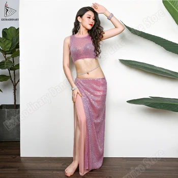

New Fashion Women Belly Dance Top Skirt Sexy Costumes Sequins Practice Clothes Oriental Long Skirt Pink Professional 2 Piece