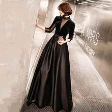 Новое высококлассное вечернее платье невесты Винтаж черный Длинные рукава велюр с атласной класса люкс для выпускного вечера вечерние платье LF183
