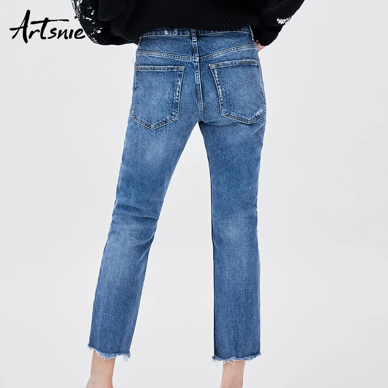 Artsnie/синие повседневные уличные джинсовые штаны для женщин, с высокой талией, с дырками, с двумя карманами, Джинсы бойфренда, Mujer, весна, штаны