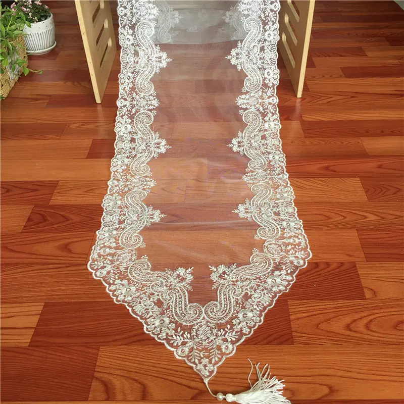 Embroidered Lace Table Runner TV Bench Stand End Table Cover Decoration 39.5 x 225cm 40cm x 250cm White Embroidered Lace Table Runner TV Bench Stand End Table Cover Decoration 39.5 x 225cm 40cm x 250cm White