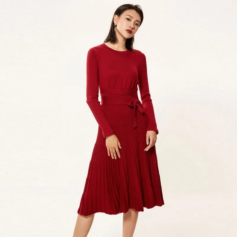 Spring New Fit & Flare O Neck Pleated Dress Full Sleeve Belt Wool