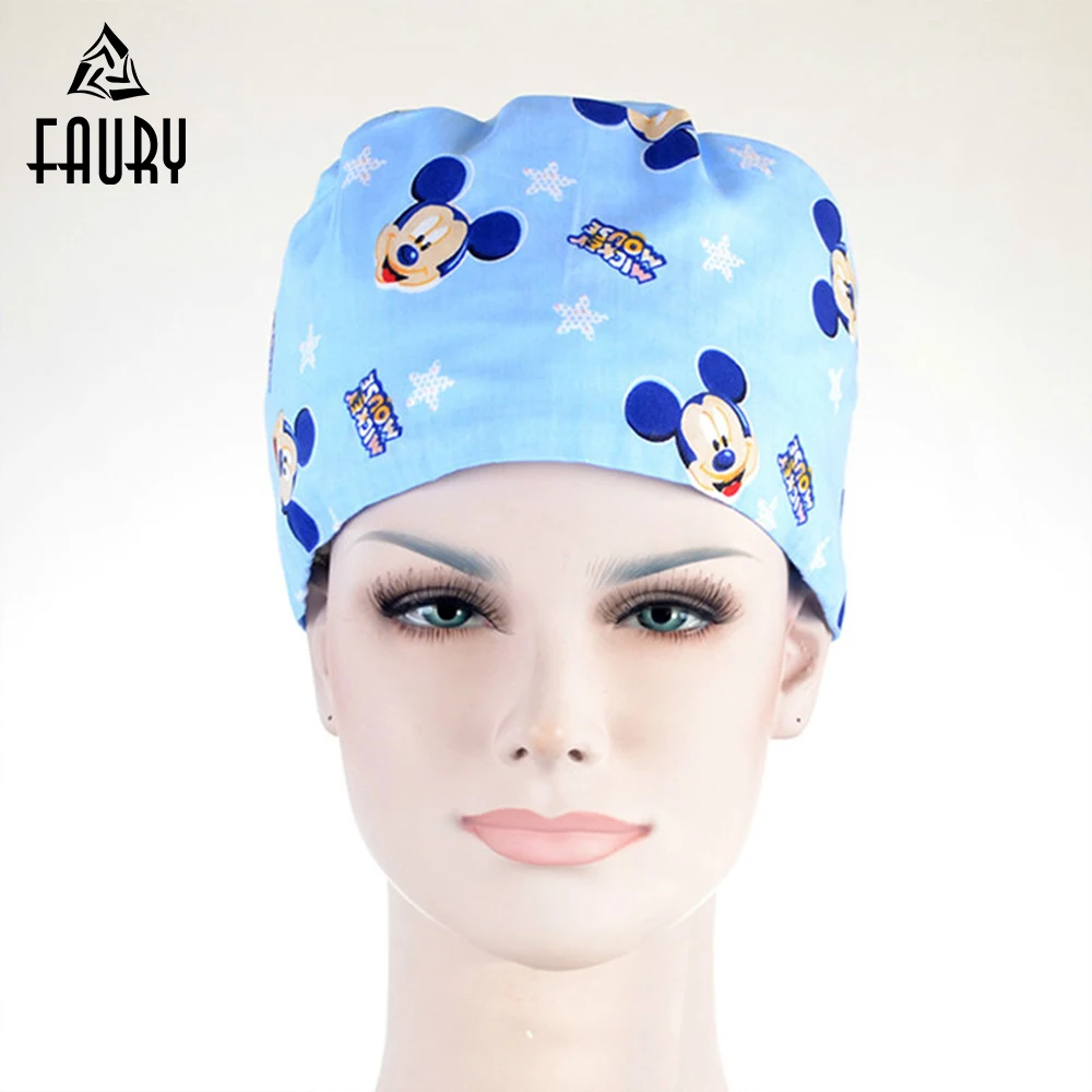 

2019 Hospital Surgical Cap Women Men Design Nurse Caps Uniform Adjustable Blue Mickey Pattern Cotton Doctor Beauty Medical Hats