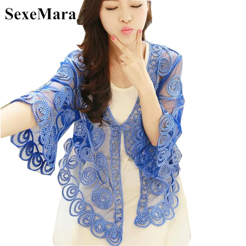 

2019New Large Size Retro Women Lace Stitching Embroidery Floral Cardigan Half Flare Sleeve V Neck Beach Holiday Sheer Caple Coat