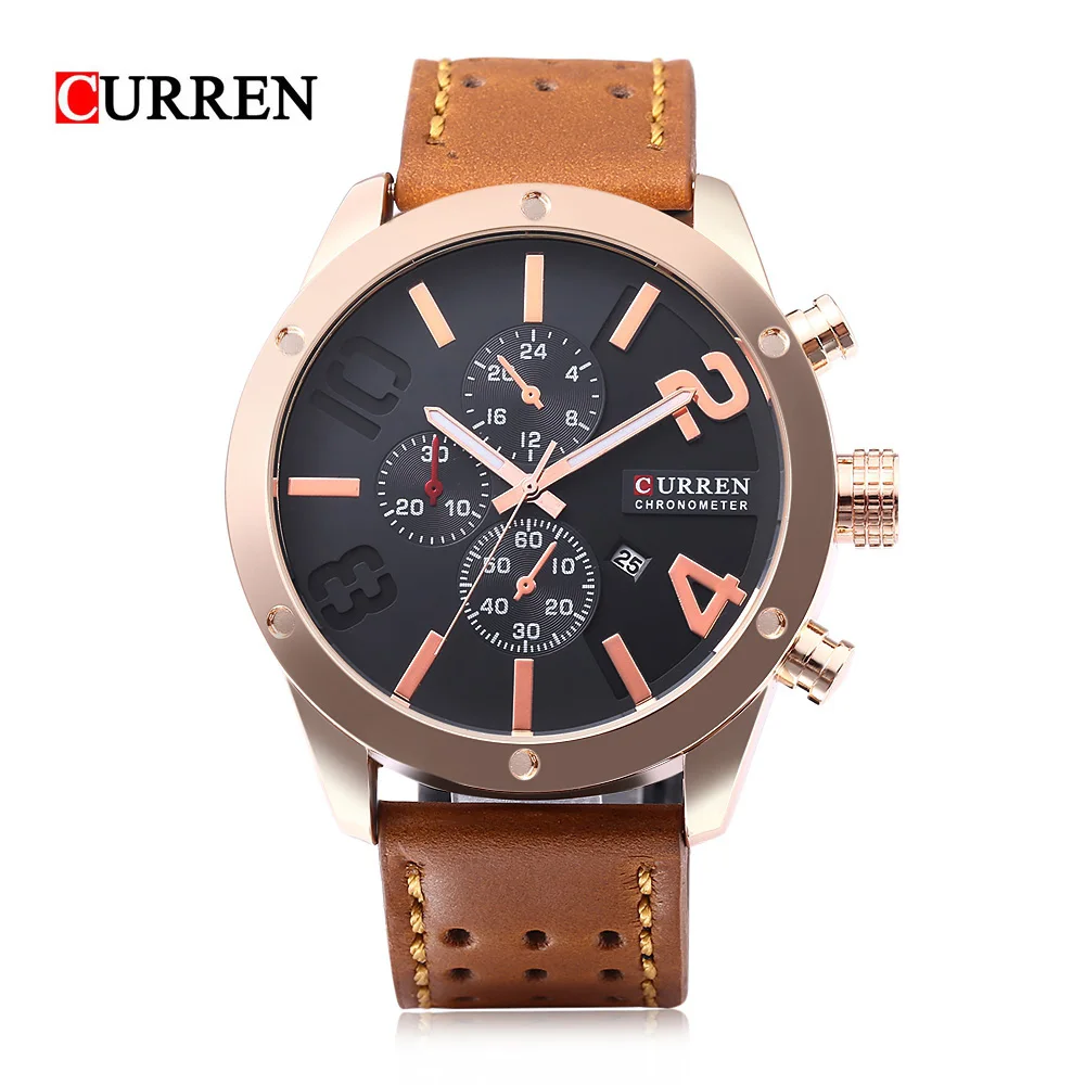 

New Curren Calandar Male Business Quartz Watch 3ATM Decorative Sub-dial 30m Water Resistance Leather Band Wristwatch 8243