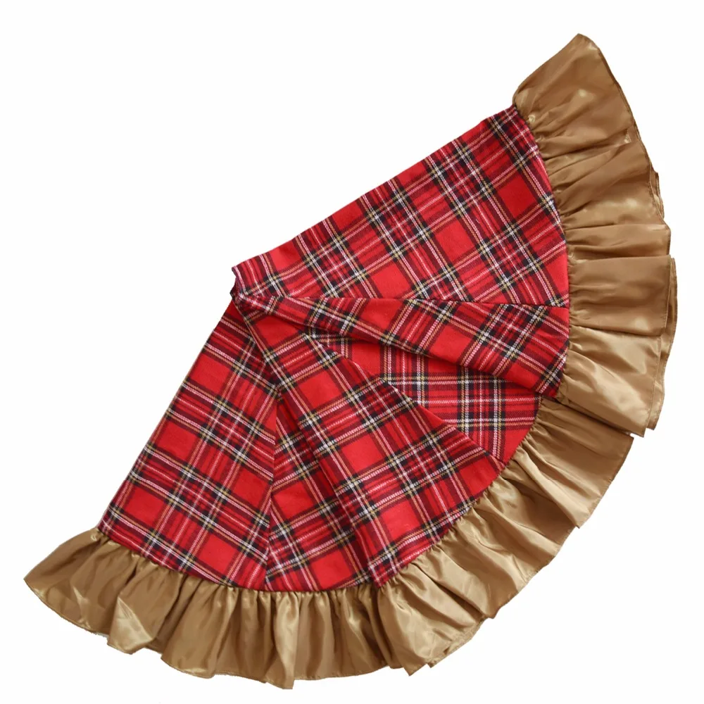

Free Shipping Extra Large 42" Christmas Tree Skirt Patchwork Tartan Plaid with gold satin ruffer Border Skirt