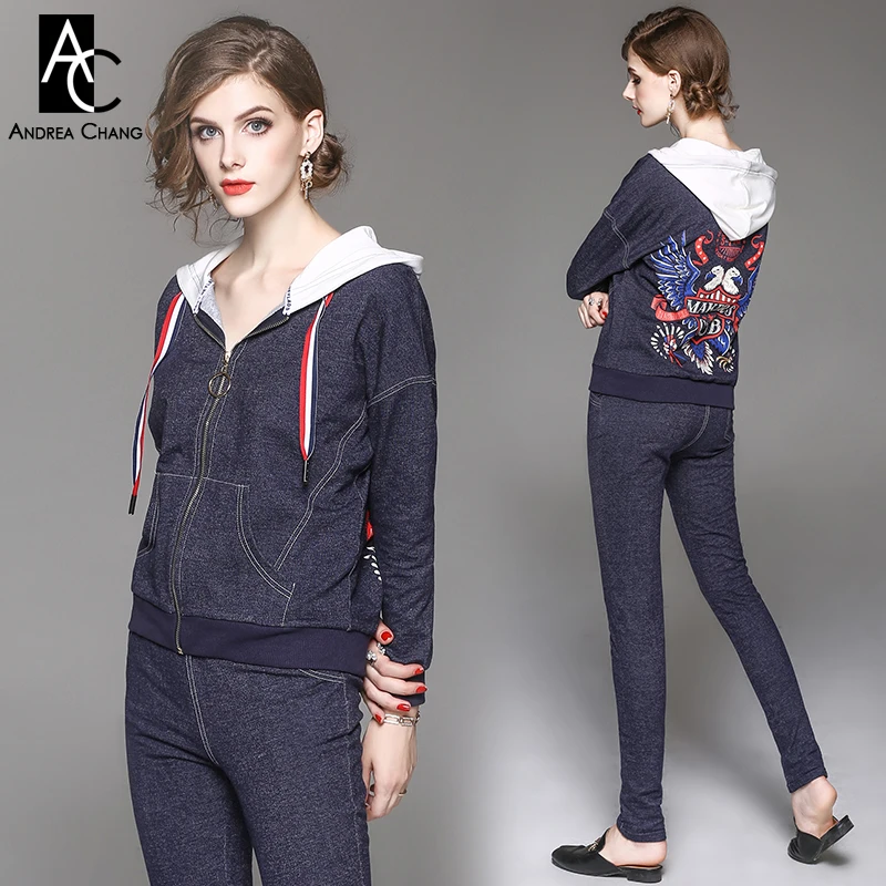 autumn winter woman outfit dark blue hooded jacket pants two-piece eagle pattern print back white hood fashion casual set | Женская