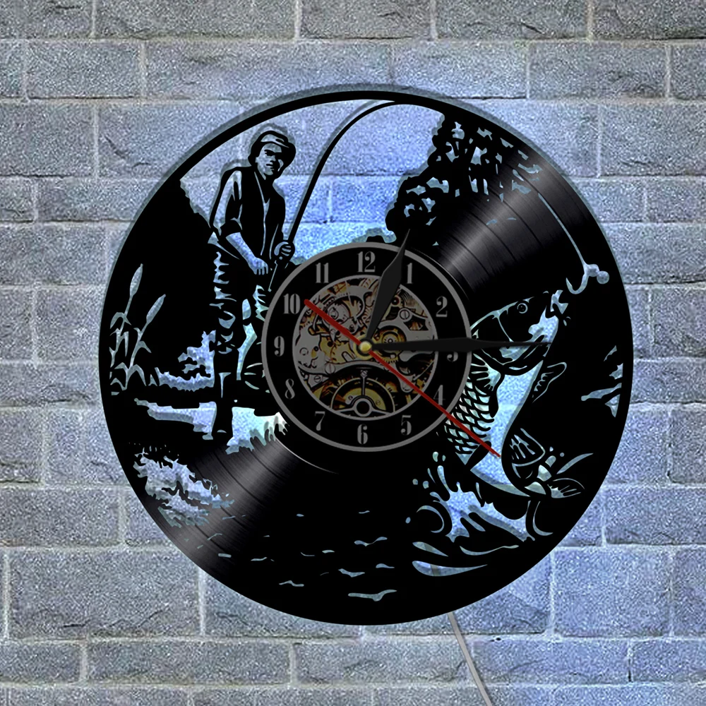 1Piece Fishing Vinyl LP Record Clock With LED Lighting Fisherman Vinyl Night Light Wall Clock
