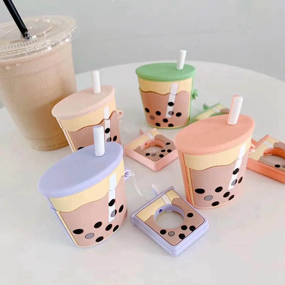 

For AirPods Case Cartoon Cute Funny Milk Bubble Tea Drink Bottle Earphone Protect Cover For Airpods 2 with Finger Ring Strap